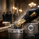 A gloved hand slams a lever beside a court gavel in a grand hall, symbolizing how a crypto exchange blocked the pro-crypto CLARITY Act bill