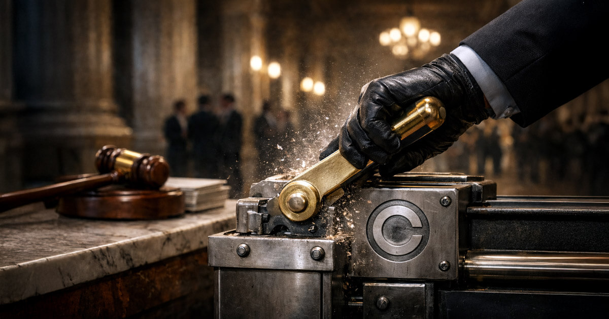 A gloved hand slams a lever beside a court gavel in a grand hall, symbolizing how a crypto exchange blocked the pro-crypto CLARITY Act bill