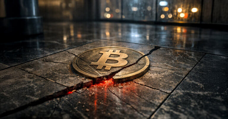 Cracked Bitcoin coin embedded in a wet stone floor with a glowing fault line, symbolizing fading confidence as prices slide and the $83,400 support level weakens