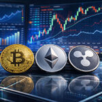 Bitcoin, Ethereum, and XRP coins displayed in front of glowing market charts, illustrating key trends and data visuals that defined the crypto landscape in 2025.
