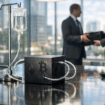 Bitcoin and Ethereum symbols hooked to an IV drip on a boardroom table as executives trade a briefcase, illustrating crypto’s 2025 rebound fueled by buyouts, not fresh funding