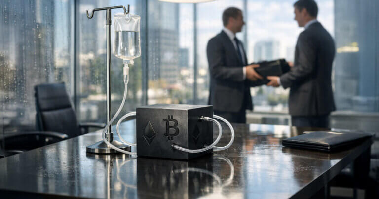 Bitcoin and Ethereum symbols hooked to an IV drip on a boardroom table as executives trade a briefcase, illustrating crypto’s 2025 rebound fueled by buyouts, not fresh funding