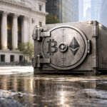 A fortified crypto vault bearing Bitcoin and Ethereum symbols sits outside Wall Street, symbolizing IPO-driven capital rotating from risky tokens into perceived safe havens