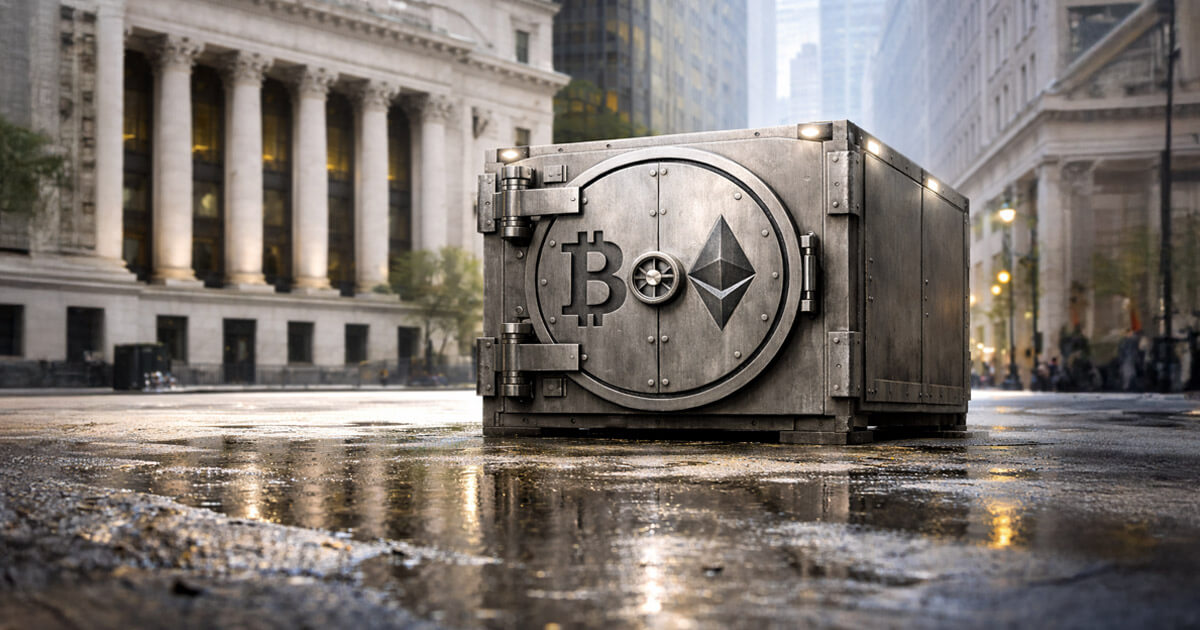 A fortified crypto vault bearing Bitcoin and Ethereum symbols sits outside Wall Street, symbolizing IPO-driven capital rotating from risky tokens into perceived safe havens
