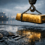 A heavy gold bar lifted by a crane above a rain-soaked dock, with Bitcoin and Ethereum coins left near a drain, illustrating crypto whales shifting to gold amid market weakness
