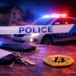 Police tape and flashing lights frame a bitcoin coin beside leaked documents and personal items, illustrating how tax data exposure puts crypto investors at risk of home attacks