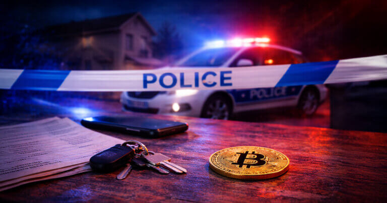 Police tape and flashing lights frame a bitcoin coin beside leaked documents and personal items, illustrating how tax data exposure puts crypto investors at risk of home attacks