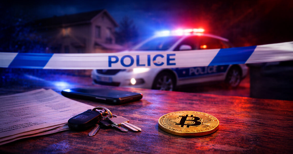 Police tape and flashing lights frame a bitcoin coin beside leaked documents and personal items, illustrating how tax data exposure puts crypto investors at risk of home attacks