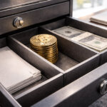 An open desk drawer shows Bitcoin coins stacked beside cash and documents, symbolizing advisors increasing crypto allocations as funds shift away from traditional assets