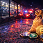 Bag of cryptocurrency tokens outside a laundromat with police lights flashing, symbolizing money laundering and the surge in crypto crime to record highs