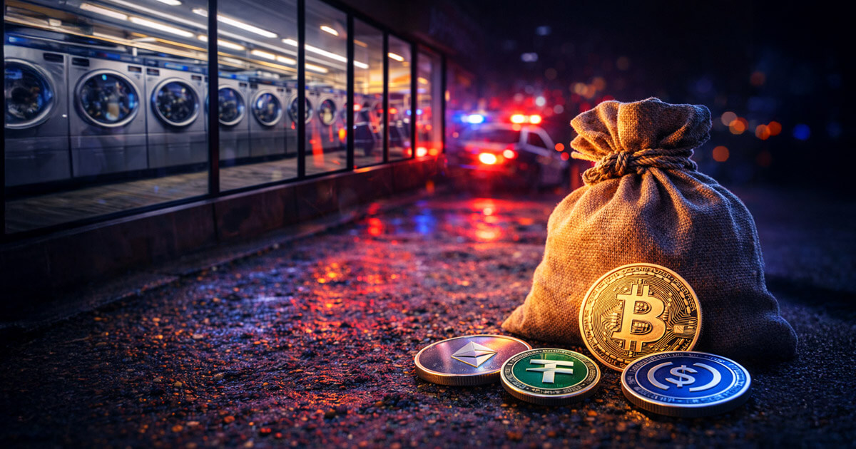Bag of cryptocurrency tokens outside a laundromat with police lights flashing, symbolizing money laundering and the surge in crypto crime to record highs