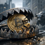 A Bitcoin coin is crushed in a steel trap on Wall Street as a charging bull looms, symbolizing TradFi dominance and centralization eroding Satoshi’s decentralized vision