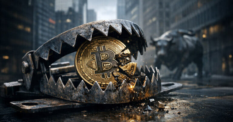 A Bitcoin coin is crushed in a steel trap on Wall Street as a charging bull looms, symbolizing TradFi dominance and centralization eroding Satoshi’s decentralized vision