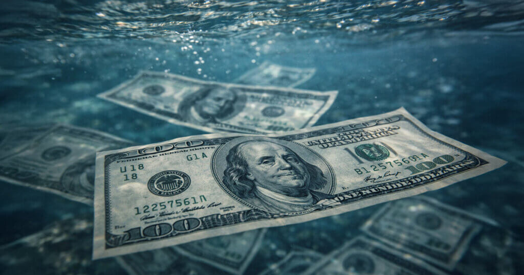 Floating $100 bills sinking underwater, symbolizing the first US bank collapse of 2026 and looming contagion risk fueling turmoil across gold, silver, and Bitcoin.