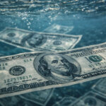 Floating $100 bills sinking underwater, symbolizing the first US bank collapse of 2026 and looming contagion risk fueling turmoil across gold, silver, and Bitcoin.