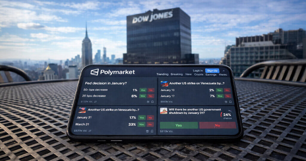 A Polymarket dashboard displayed on a phone overlooking the Dow Jones building, highlighting rising prediction-market visibility amid a high-stakes $210M lawsuit bet.
