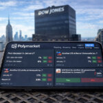 A Polymarket dashboard displayed on a phone overlooking the Dow Jones building, highlighting rising prediction-market visibility amid a high-stakes $210M lawsuit bet.
