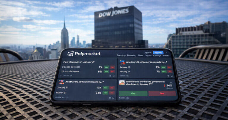 A Polymarket dashboard displayed on a phone overlooking the Dow Jones building, highlighting rising prediction-market visibility amid a high-stakes $210M lawsuit bet.