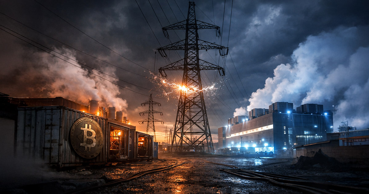 Bitcoin mining containers glow beside a sparking power grid and data center, symbolizing an energy clash as BlackRock warns AI demand is colliding with crypto mining power use