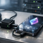 Smartphone displaying the Ethereum logo connected to a hardware device, illustrating new wallet security upgrades Vitalik says are shipping to end trust-based wallets by 2026