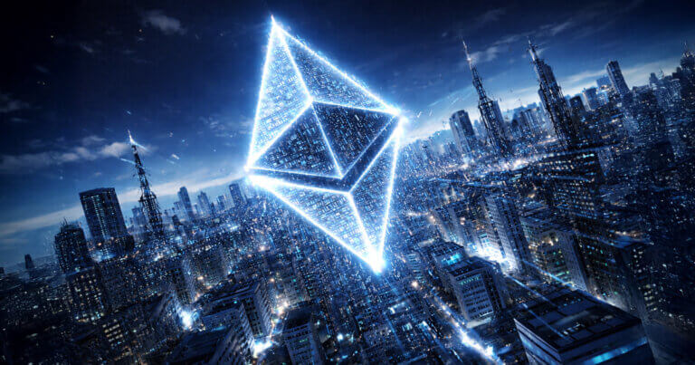 A glowing Ethereum symbol hovers above a futuristic city at night, highlighting Vitalik Buterin’s push for long-term network resilience over short-term yield.