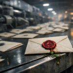 Sealed envelopes bearing the Ethereum logo move along an industrial conveyor, symbolizing cheap gas fees driving record volume amid widespread address poisoning attacks