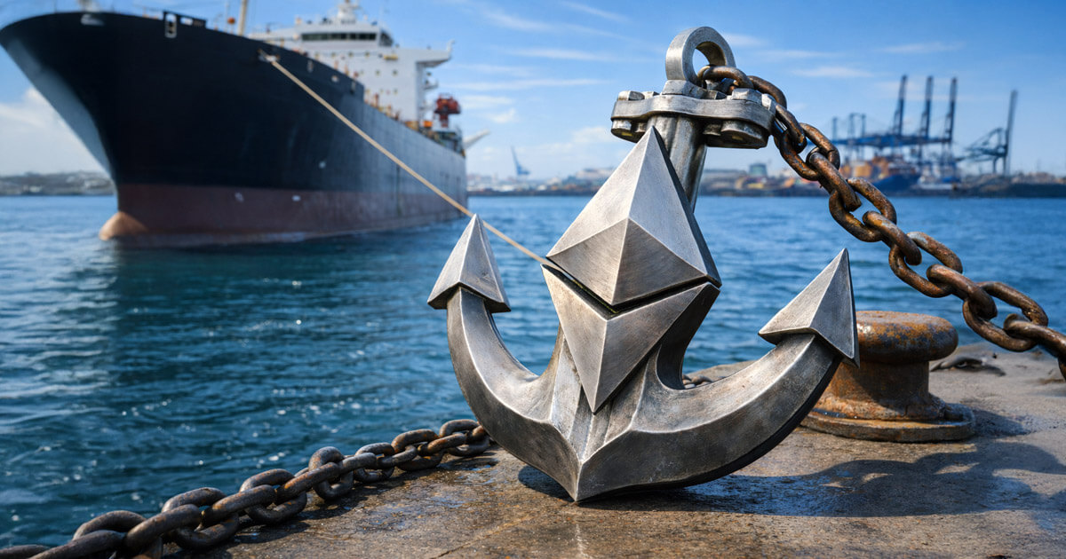 An Ethereum-shaped anchor moors a cargo ship at port, symbolizing BitMine staking over $5 billion in ETH and its impact on liquidity, security, and yields