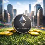 An Ethereum coin stands on grass with gold tokens scattered around it against a city skyline, illustrating how ETH ETFs delivered yield through Grayscale’s $9.4M staking test.