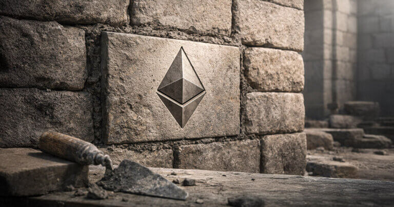 An Ethereum symbol carved into stone blocks like ancient masonry illustrates why Ethereum’s future may rely on adopting Bitcoin’s proven principles of durability and trust