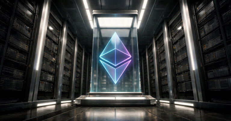 An Ethereum logo glows inside a data center vault, reflecting Fusaka’s higher blob limits as increased throughput pushes blocks past 16 and raises miss-rate concerns