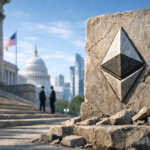 Stone Ethereum emblem near the U.S. Capitol as officials talk nearby, symbolizing the institutional battle over who controls the blockchain settlement layer heading into 2026