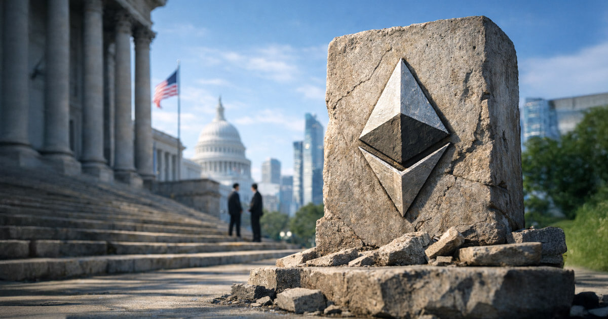 Stone Ethereum emblem near the U.S. Capitol as officials talk nearby, symbolizing the institutional battle over who controls the blockchain settlement layer heading into 2026