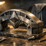 A metal Ethereum emblem bent inside a workshop jig, surrounded by tools and worn surfaces, symbolizing Vitalik Buterin’s admitted design mistake and questions about Ethereum risk