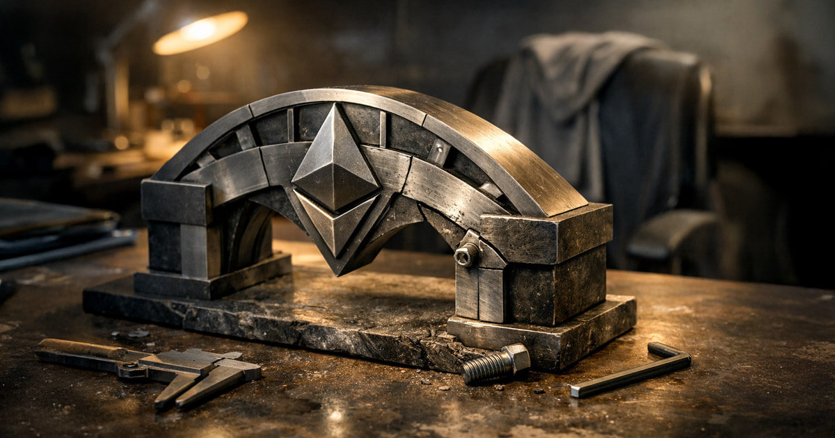 A metal Ethereum emblem bent inside a workshop jig, surrounded by tools and worn surfaces, symbolizing Vitalik Buterin’s admitted design mistake and questions about Ethereum risk