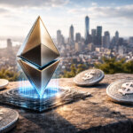 An Ethereum symbol stands atop a digital platform surrounded by dollar-themed stablecoin tokens overlooking a city skyline, reflecting BlackRock’s view that stablecoins are mainstream and ETH leads settlement.
