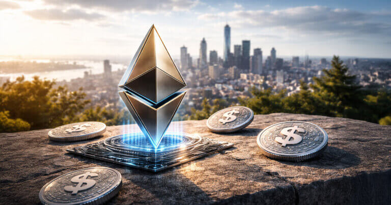 An Ethereum symbol stands atop a digital platform surrounded by dollar-themed stablecoin tokens overlooking a city skyline, reflecting BlackRock’s view that stablecoins are mainstream and ETH leads settlement.