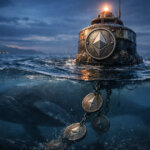 Ethereum buoy with ETH logo floats at sea while heavy chains of coins pull below the surface, illustrating rising staking levels and how a single whale can distort the signal