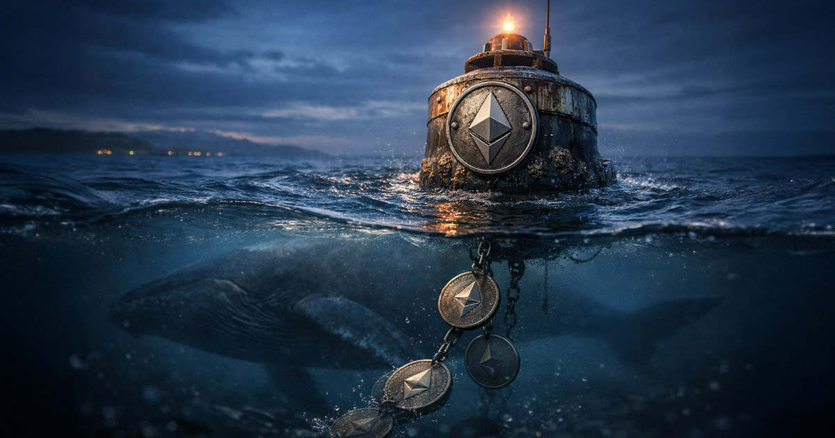 Ethereum buoy with ETH logo floats at sea while heavy chains of coins pull below the surface, illustrating rising staking levels and how a single whale can distort the signal