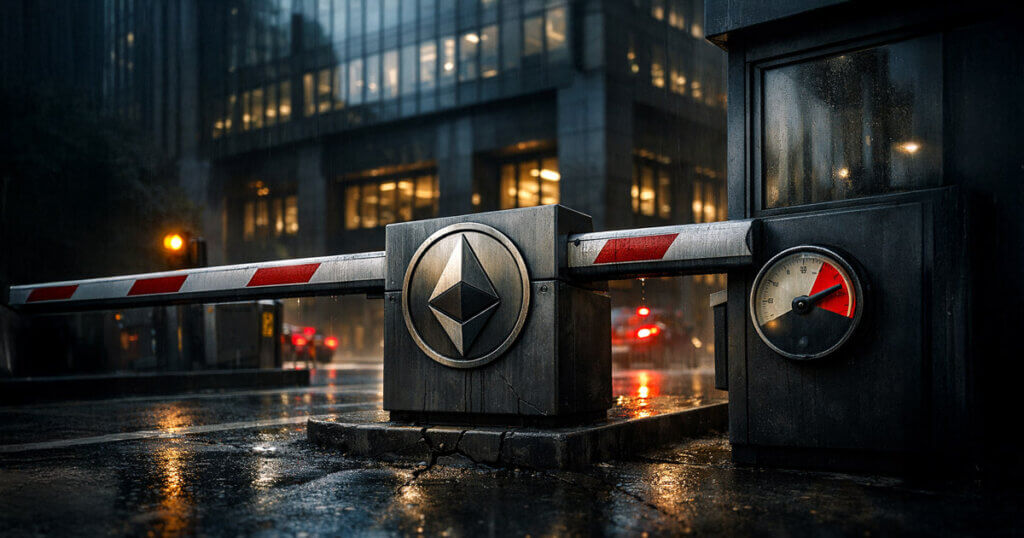 Rainy city street shows an Ethereum gate with a pressure gauge blocking traffic, symbolizing BlackRock’s tokenization toll road and network constraints