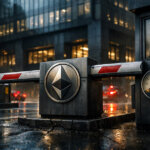 Rainy city street shows an Ethereum gate with a pressure gauge blocking traffic, symbolizing BlackRock’s tokenization toll road and network constraints