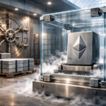 Ethereum-branded vault secured in a modern facility, representing public companies accumulating millions of ETH as staking reframes Ethereum as a long-term treasury asset
