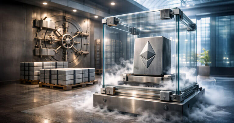 Ethereum-branded vault secured in a modern facility, representing public companies accumulating millions of ETH as staking reframes Ethereum as a long-term treasury asset