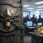 Chained Ethereum vault beside stacks of tokens in a busy trading room, symbolizing TheDAO’s $220 million security fund shift from rollback defense to bankroll strategy