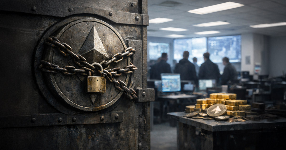 Chained Ethereum vault beside stacks of tokens in a busy trading room, symbolizing TheDAO’s $220 million security fund shift from rollback defense to bankroll strategy