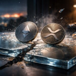 Shattered glass beneath Ethereum and XRP coins illustrates a $100 billion crypto market selloff as geopolitical tensions trigger sharp losses led by ETH and XRP
