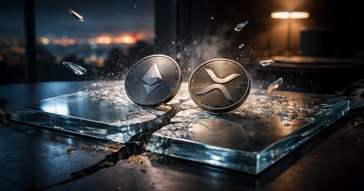 Shattered glass beneath Ethereum and XRP coins illustrates a $100 billion crypto market selloff as geopolitical tensions trigger sharp losses led by ETH and XRP