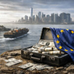 An EU flag draped over a suitcase of US dollars overlooks New York Harbor, symbolizing Europe dumping US Treasurys and reshaping global capital flows