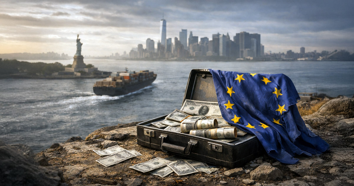 An EU flag draped over a suitcase of US dollars overlooks New York Harbor, symbolizing Europe dumping US Treasurys and reshaping global capital flows