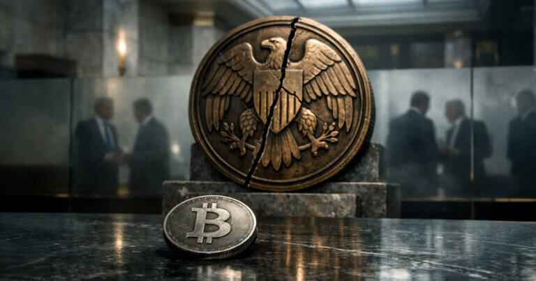 A cracked Federal Reserve seal behind a Bitcoin coin in a marble hall reflects eroding institutional trust as traders watch key Fed signals amid rising political pressure
