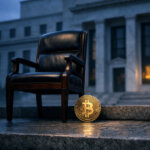 Empty Fed chair sits outside the Federal Reserve as a Bitcoin coin rests nearby, illustrating Kevin Warsh’s appointment and how a wholesale digital dollar could complicate his pro-Bitcoin stance